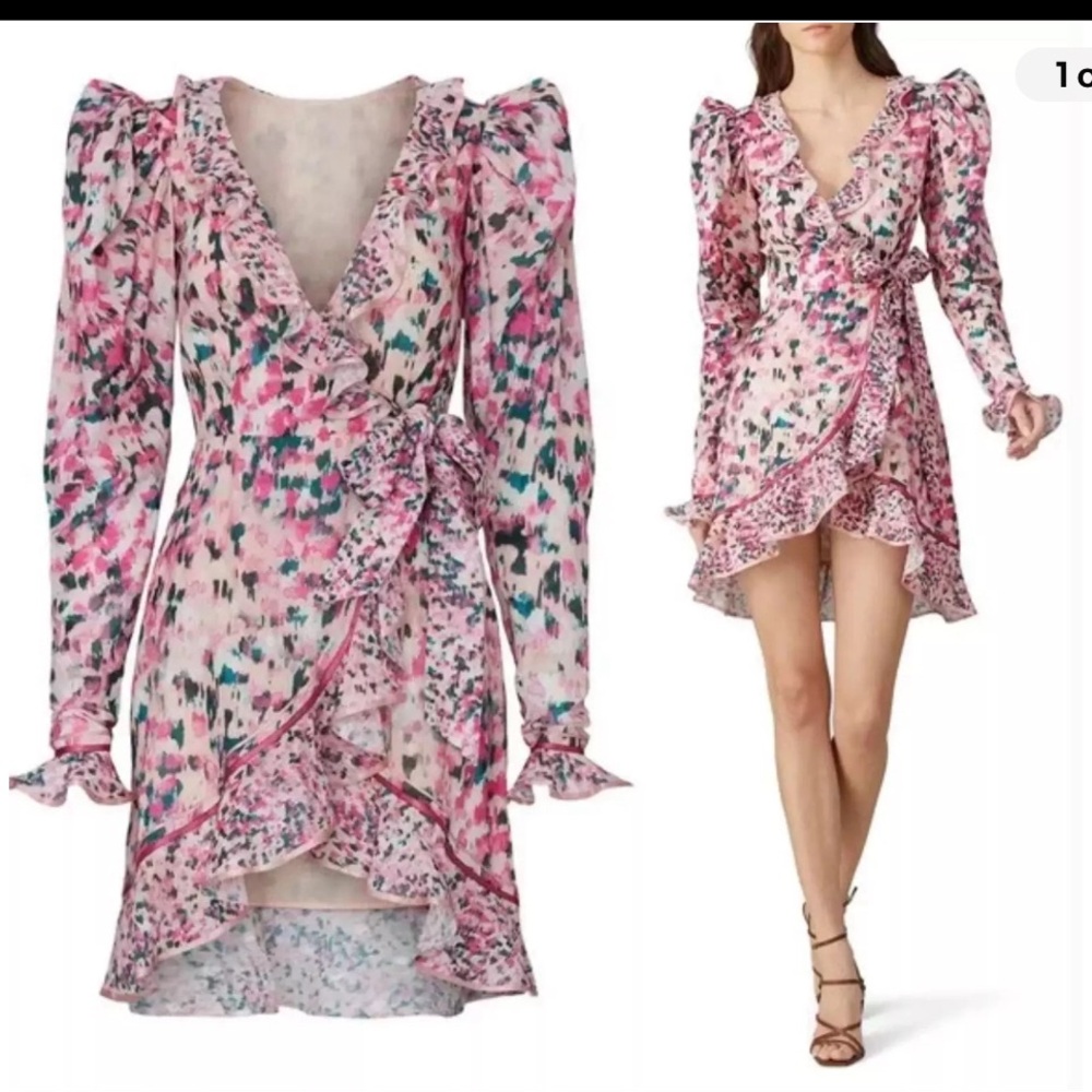 Rococo Sand Floral pink Women’s Mini wrap Dress Size S Ruffle Trim Long Sleeve